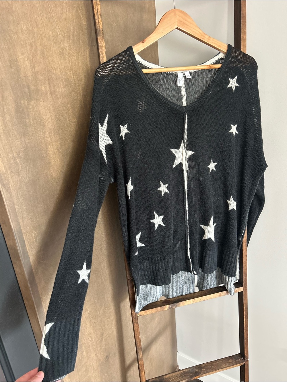 Elan Black V-Neck Star Motif Lightweight Sweater